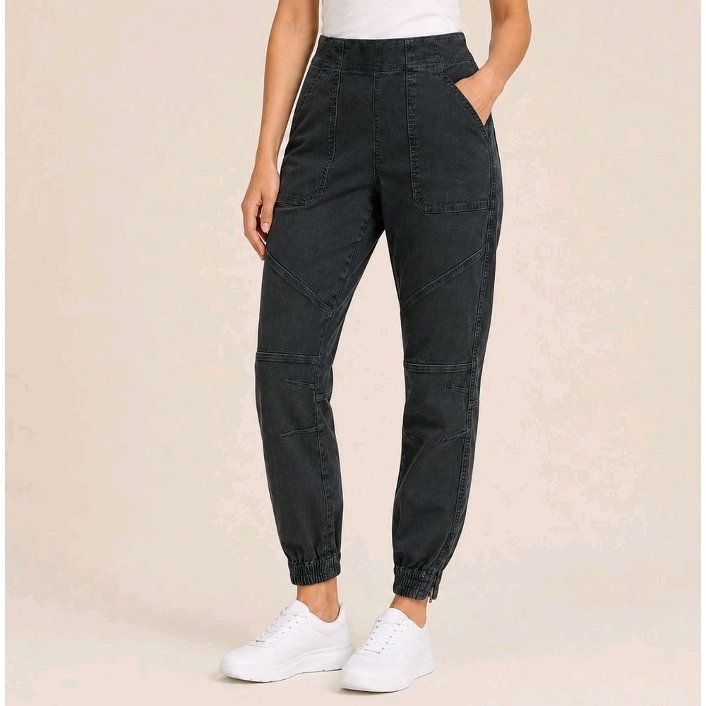 SPANX Jogger Pants Size Small Washed Black Stretch Zip Ankle Pull On Cargo Moto